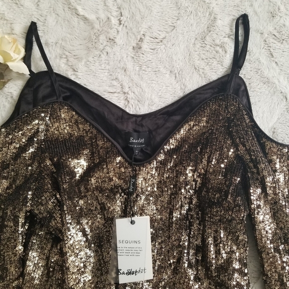 Bardot Sequins Gold Black Cold Shoulder Blouse New Size XS - Picture 5 of 12
